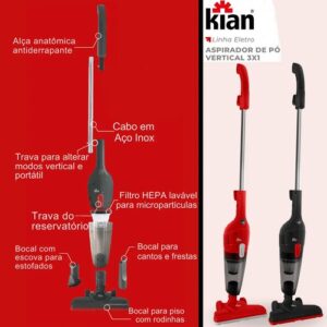 Aspirador de Pó Vertical Kian 1300W 3 em 1 com Filtro HEPA Lavável