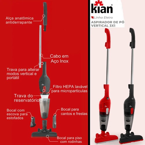 Aspirador de Pó Vertical Kian 1300W 3 em 1 com Filtro HEPA Lavável Aspirador de Pó Vertical Kian 1300W 3 em 1 com Filtro HEPA Lavável