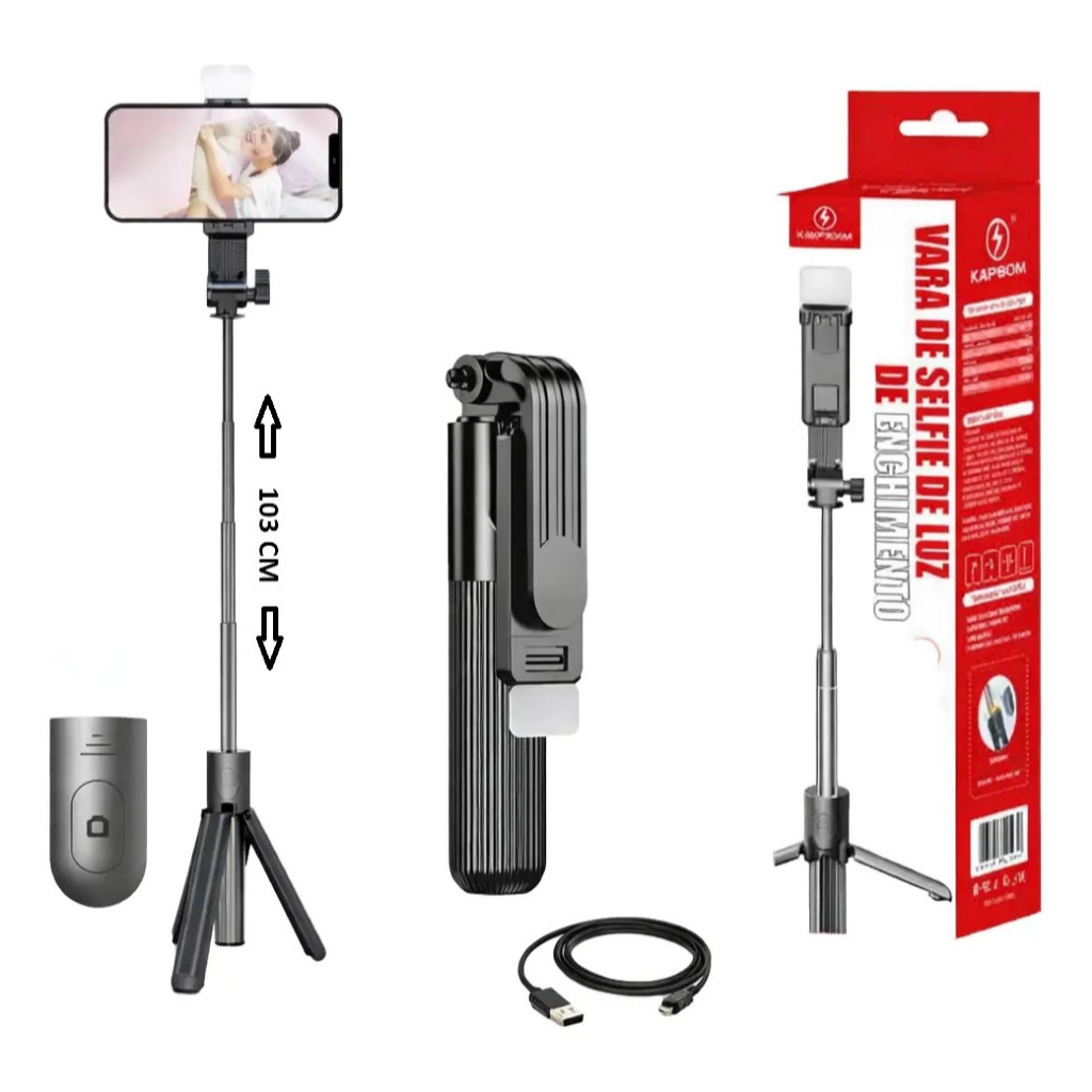 Tripé Bastão de Selfie 103cm com LED e Controle Bluetooth para Celular Tripé Bastão de Selfie 103cm com LED e Controle Bluetooth para Celular
