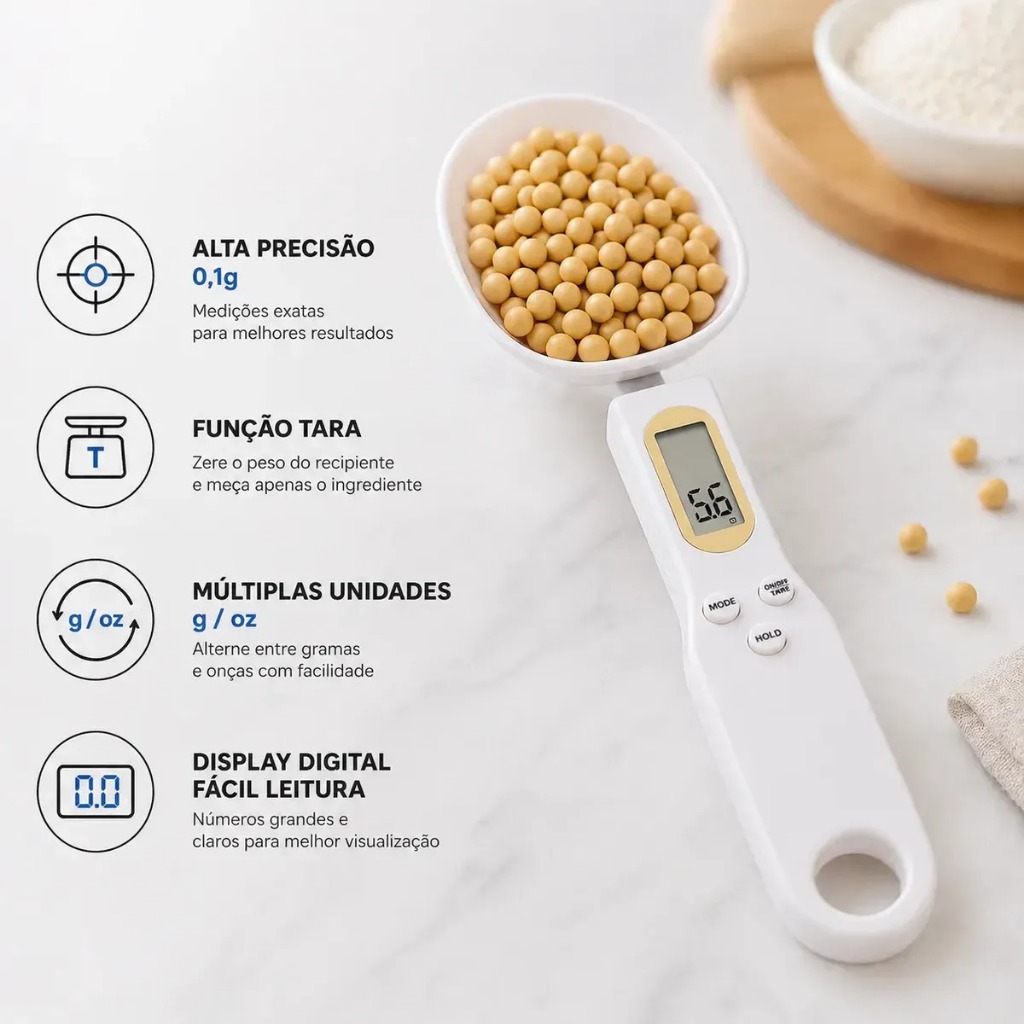 Colher Balança Digital 500g de Alta Precisão para Cozinha Café Whey e Temperos Colher Balança Digital 500g de Alta Precisão para Cozinha Café Whey e Temperos