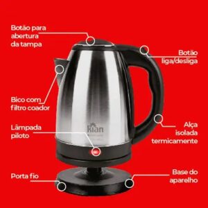 Chaleira Elétrica Kian 1,8L Inox com Base 360° e Desligamento Automático